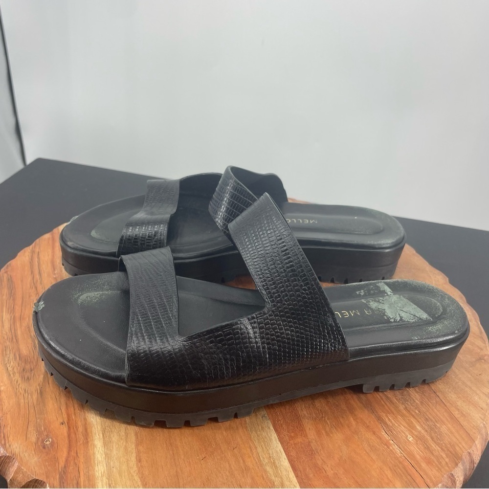 Tamara‎ Mellon Roam flat slide Sandals Sz 38.5 US 8.5 black reptile embossed